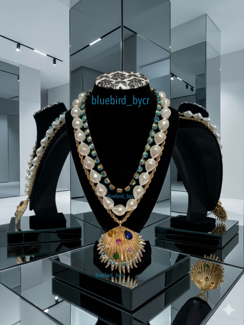 Natasha Gold Shell Pendant Necklace with White Pearls and Blue-Green Crystals - Picture 7 of 7
